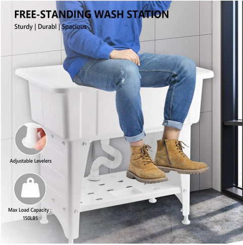 New Large White Utility Sink Laundry Tub with Stainless Steel Faucet – Durable Freestanding Laundry Sink 8575910 - with | Sold by Uncle Wiener's Wholesale