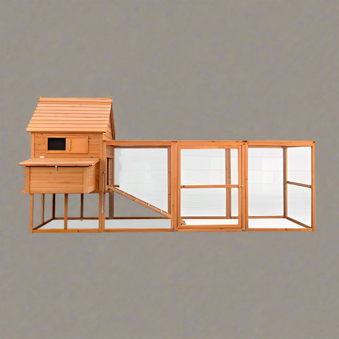 Large wooden backyard chicken coop with galvanized roof, nesting box, and walk-in run
