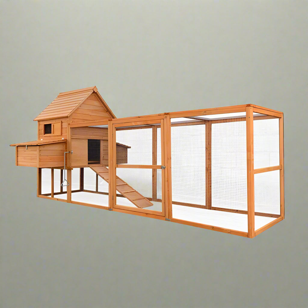 Large wooden backyard chicken coop with galvanized roof, nesting box, and walk-in run

