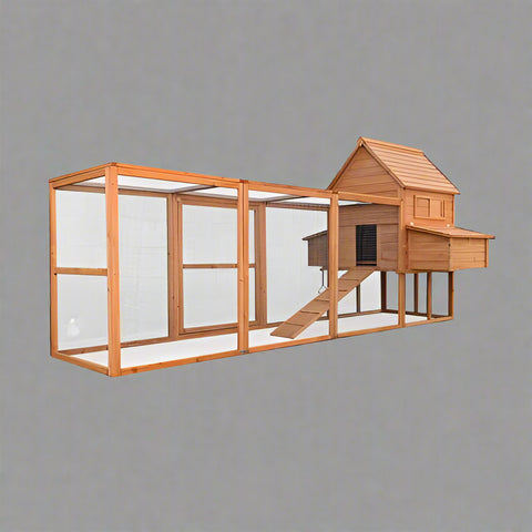 Large wooden backyard chicken coop with galvanized roof, nesting box, and walk-in run

