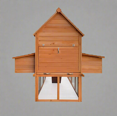 Large wooden backyard chicken coop with galvanized roof, nesting box, and walk-in run
