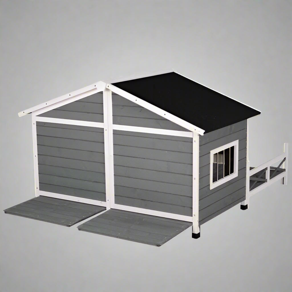Large wooden raised outdoor dog house with porch – cabin-style weatherproof pet shelter
