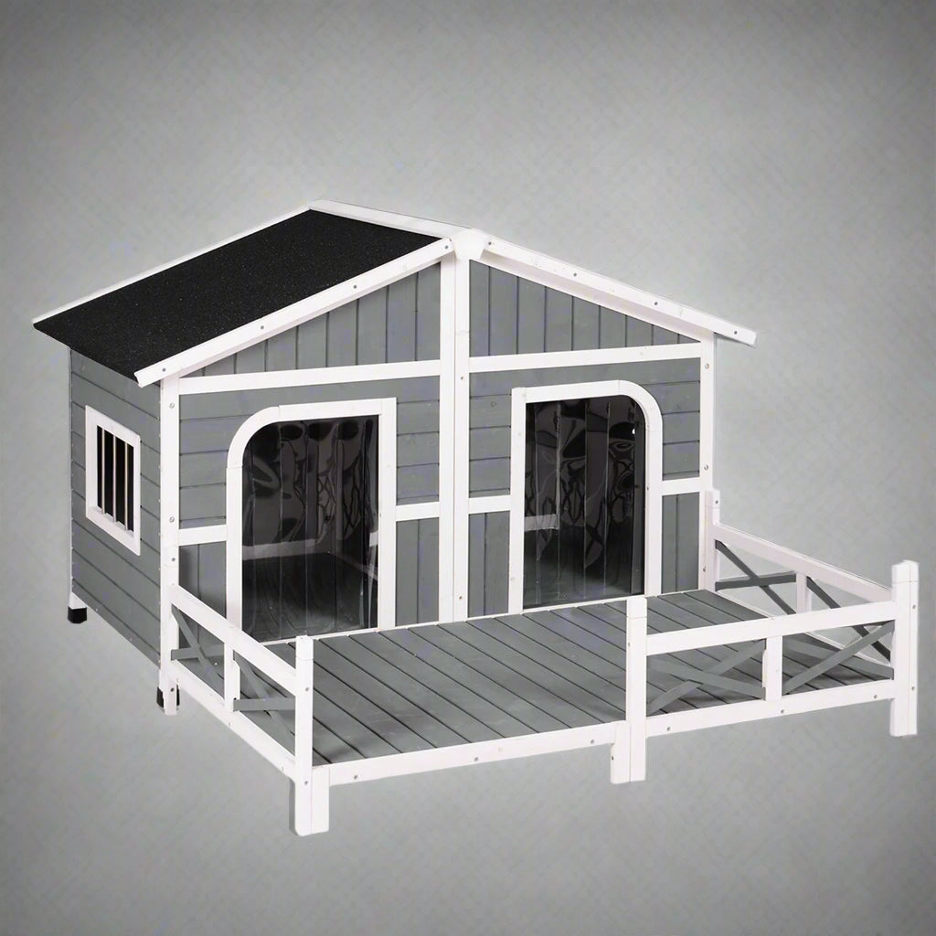 Large wooden raised outdoor dog house with porch – cabin-style weatherproof pet shelter

