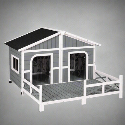 Large wooden raised outdoor dog house with porch – cabin-style weatherproof pet shelter
