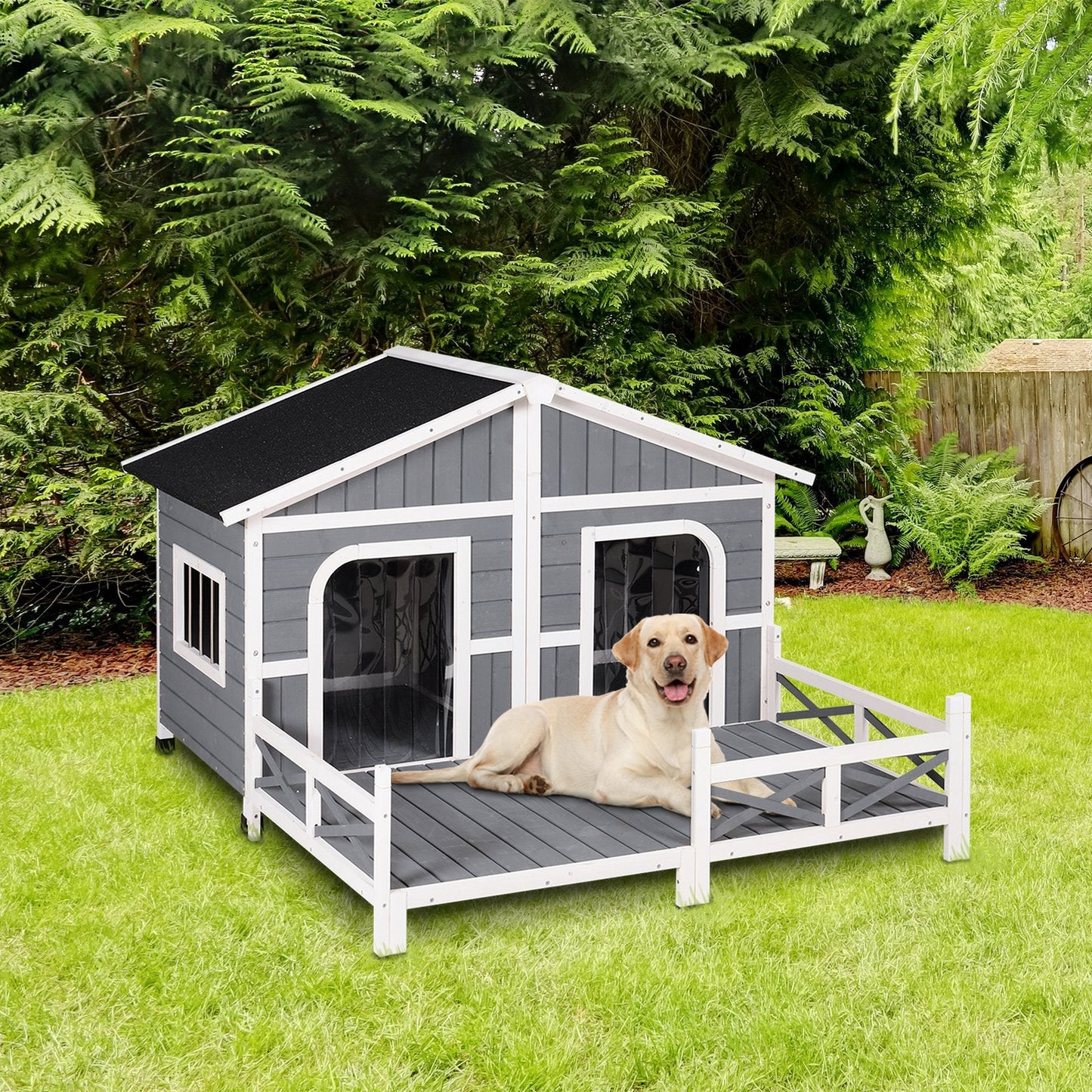 Large wooden raised outdoor dog house with porch – cabin-style weatherproof pet shelter
