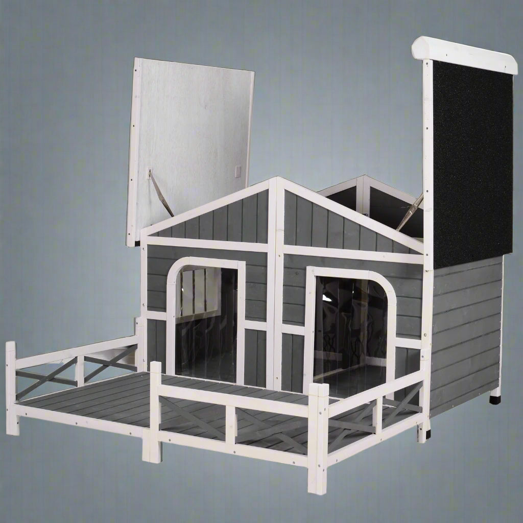 Large wooden raised outdoor dog house with porch – cabin-style weatherproof pet shelter
