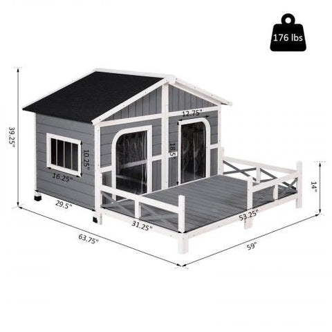 Large wooden raised outdoor dog house with porch – cabin-style weatherproof pet shelter
