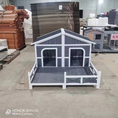 Large wooden raised outdoor dog house with porch – cabin-style weatherproof pet shelter
