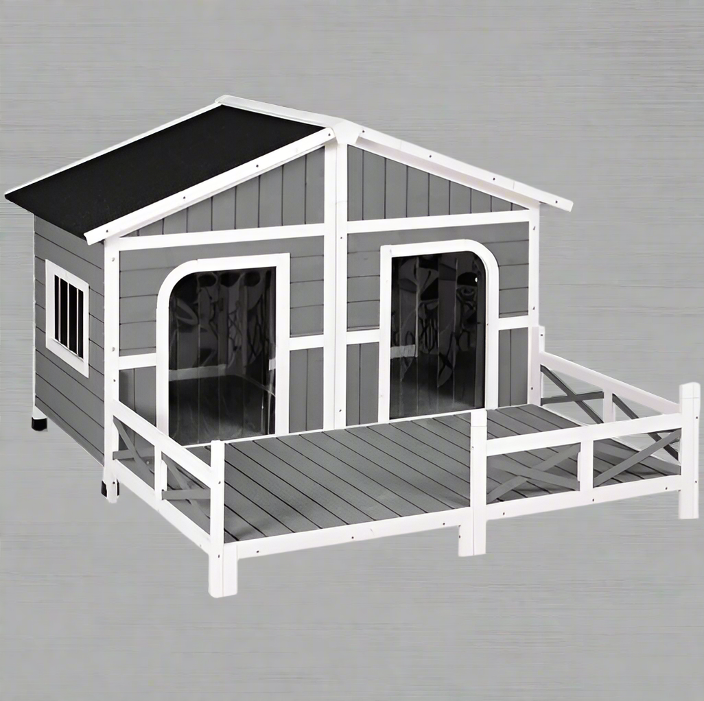 Large wooden raised outdoor dog house with porch – cabin-style weatherproof pet shelter
