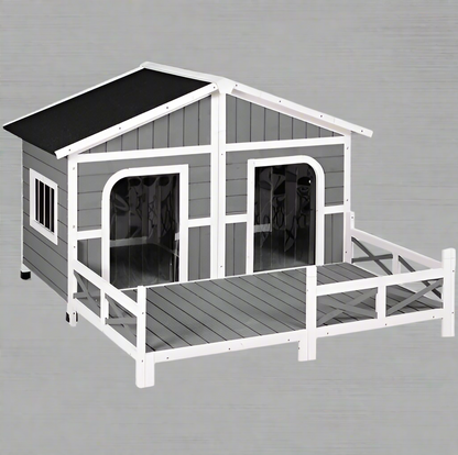 Large wooden raised outdoor dog house with porch – cabin-style weatherproof pet shelter
