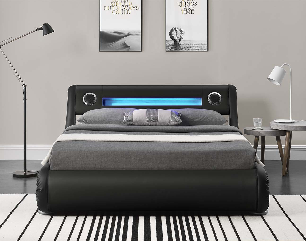 Modern black faux leather LED lift bed with Bluetooth speakers and storage – available in King and Queen