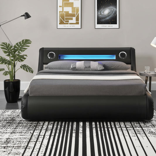 Modern black faux leather LED lift bed with Bluetooth speakers and storage – available in King and Queen
