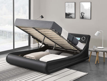 Modern black faux leather LED lift bed with Bluetooth speakers and storage – available in King and Queen