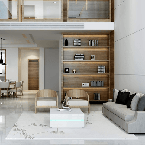 LED coffee table black gloss with ambient light in living room

White LED high gloss coffee table with modern decor

Top-down view of illuminated cubic coffee table

High gloss coffee table close-up with LED lighting effect

