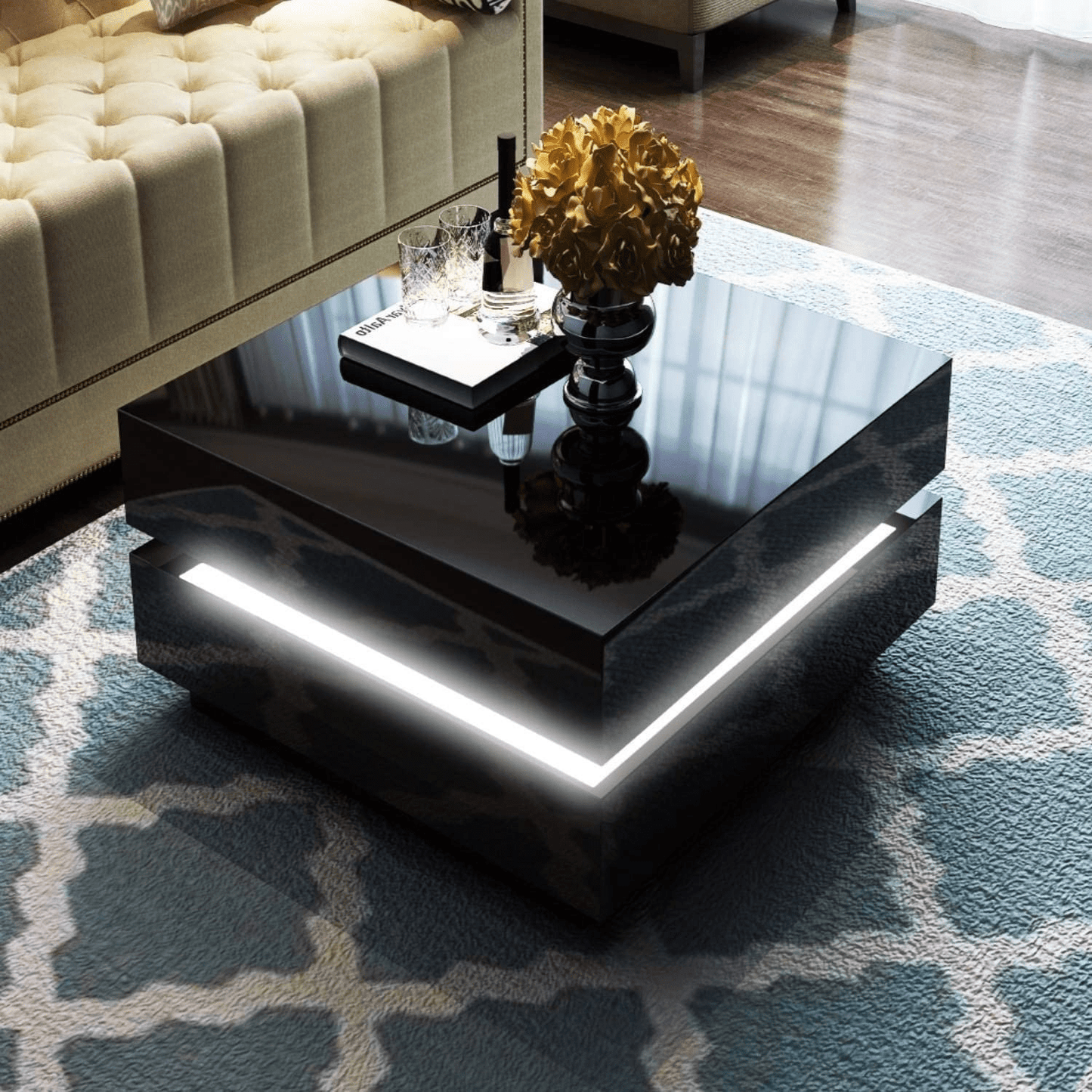 LED coffee table black gloss with ambient light in living room

White LED high gloss coffee table with modern decor

Top-down view of illuminated cubic coffee table

High gloss coffee table close-up with LED lighting effect

