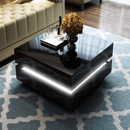 LED coffee table black gloss with ambient light in living room

White LED high gloss coffee table with modern decor

Top-down view of illuminated cubic coffee table

High gloss coffee table close-up with LED lighting effect

