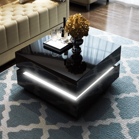 LED coffee table black gloss with ambient light in living room

White LED high gloss coffee table with modern decor

Top-down view of illuminated cubic coffee table

High gloss coffee table close-up with LED lighting effect

