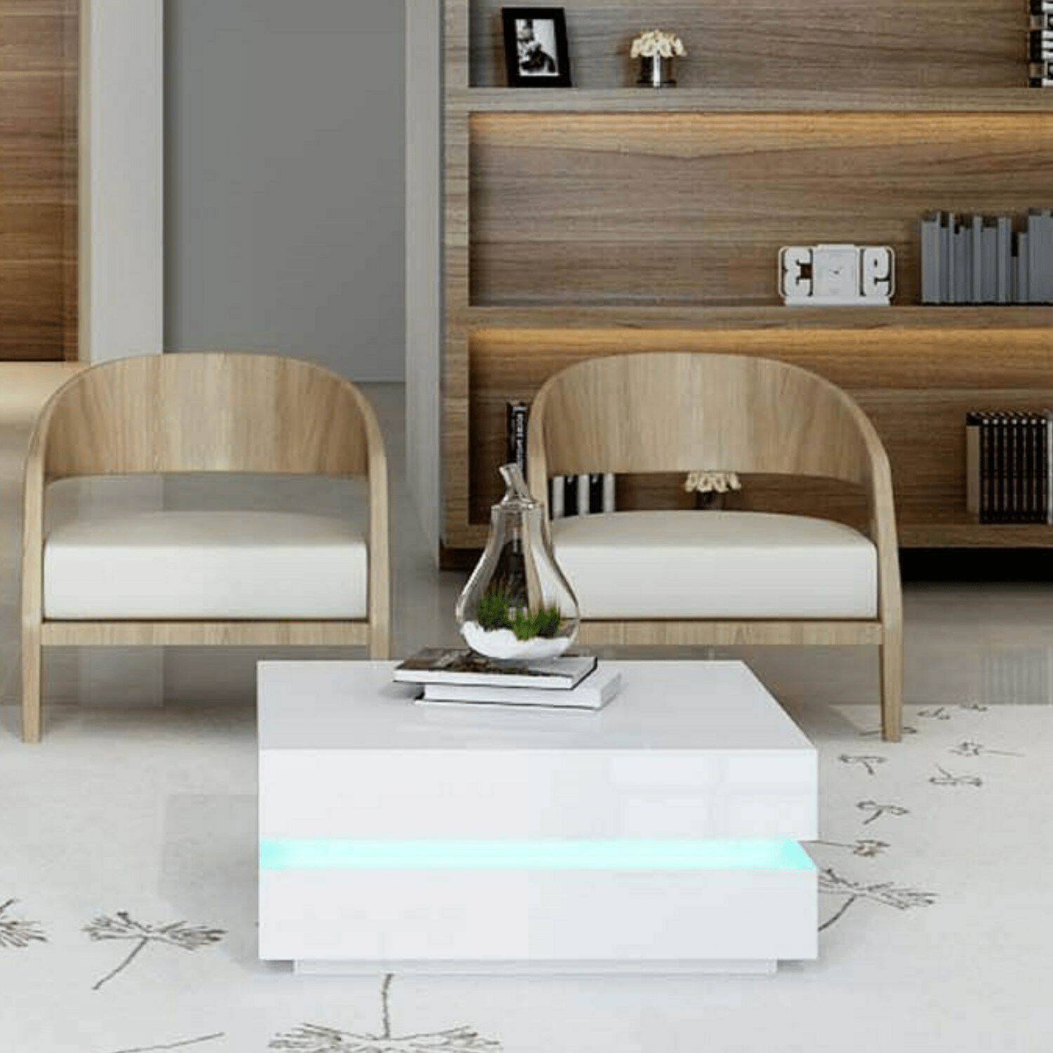 LED coffee table black gloss with ambient light in living room

White LED high gloss coffee table with modern decor

Top-down view of illuminated cubic coffee table

High gloss coffee table close-up with LED lighting effect

