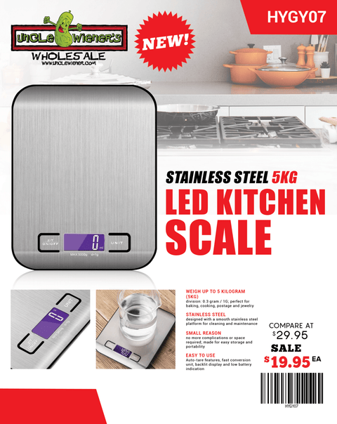 "LED stainless steel kitchen scale with 5KG 1g precision"

"Digital food scale with LED display and stainless steel top"

"5KG high-precision kitchen weight scale for cooking and baking"