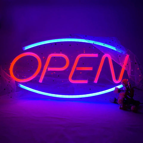 “Red and blue LED open neon sign on bedroom wall”

“Decorative LED open light sign glowing in dark room”

“Compact wall-mount LED open sign for stores or home use”