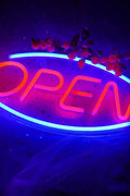 “Red and blue LED open neon sign on bedroom wall”

“Decorative LED open light sign glowing in dark room”

“Compact wall-mount LED open sign for stores or home use”
