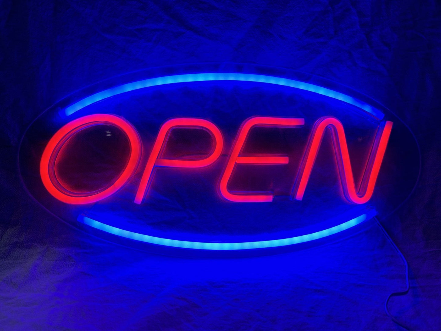 “Red and blue LED open neon sign on bedroom wall”

“Decorative LED open light sign glowing in dark room”

“Compact wall-mount LED open sign for stores or home use”