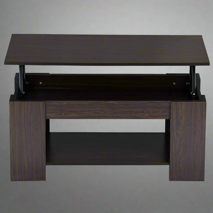 Lift-top coffee table with storage compartment and laptop workstation function – modern accent design in brown and white finish