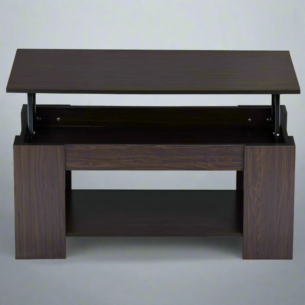 Lift-top coffee table with storage compartment and laptop workstation function – modern accent design in brown and white finish
