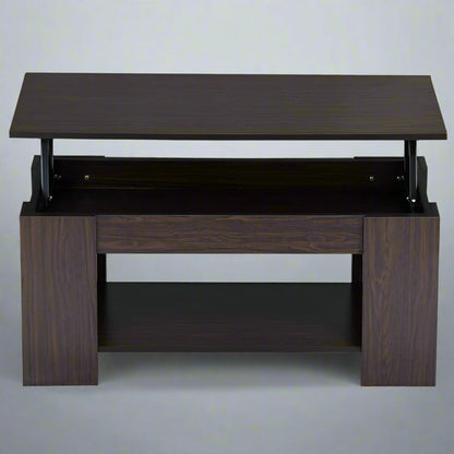 Lift-top coffee table with storage compartment and laptop workstation function – modern accent design in brown and white finish
