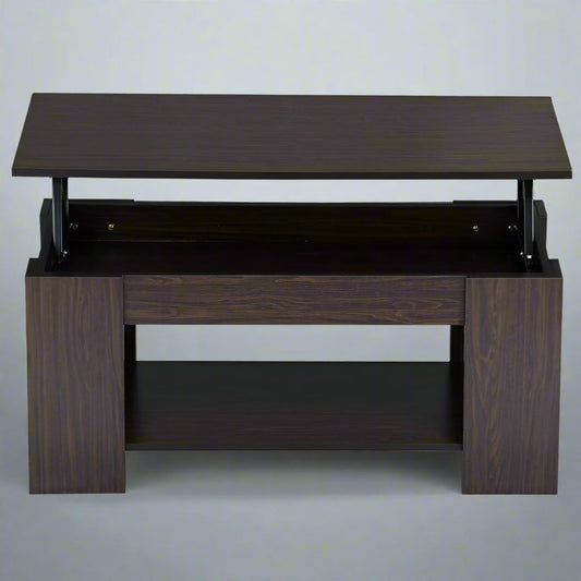 Lift-top coffee table with storage compartment and laptop workstation function – modern accent design in brown and white finish