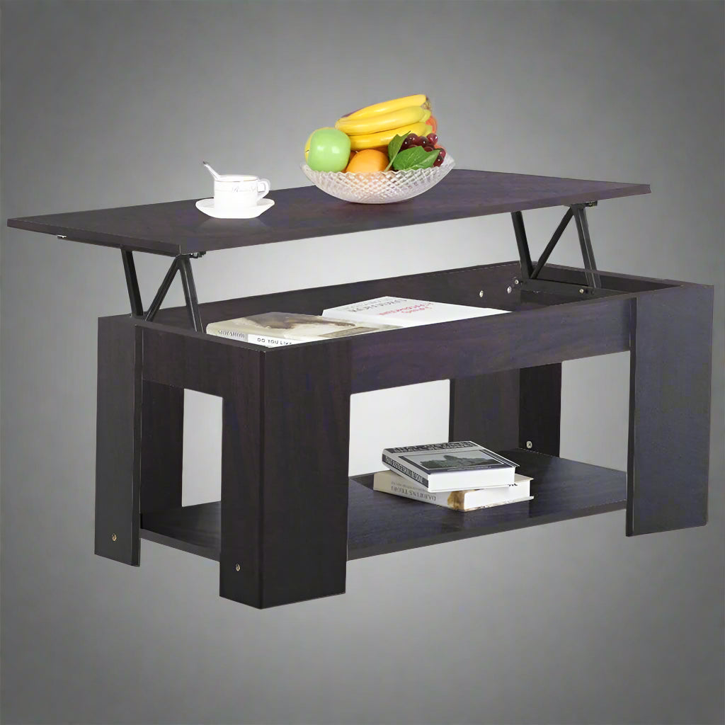 Lift-top coffee table with storage compartment and laptop workstation function – modern accent design in brown and white finish