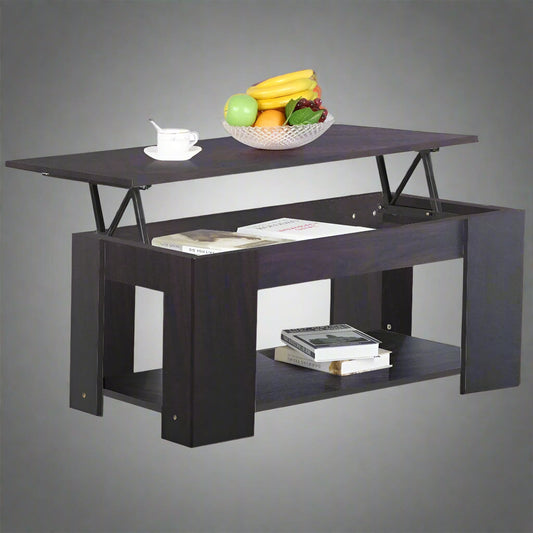 Lift-top coffee table with storage compartment and laptop workstation function – modern accent design in brown and white finish