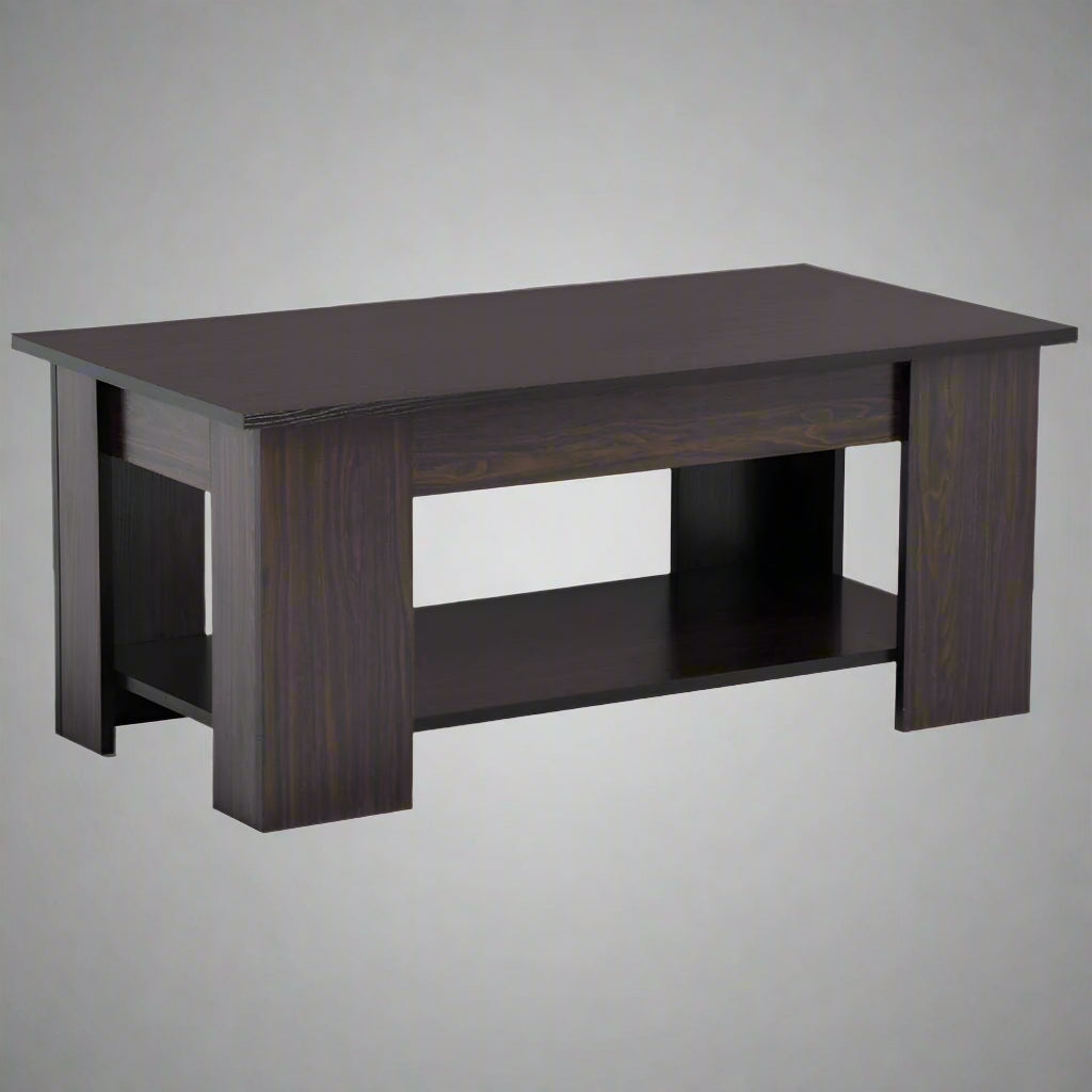 Lift-top coffee table with storage compartment and laptop workstation function – modern accent design in brown and white finish