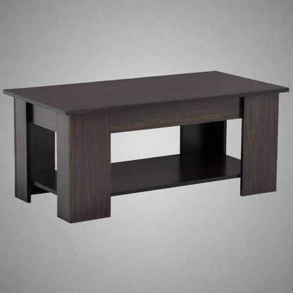 Lift-top coffee table with storage compartment and laptop workstation function – modern accent design in brown and white finish