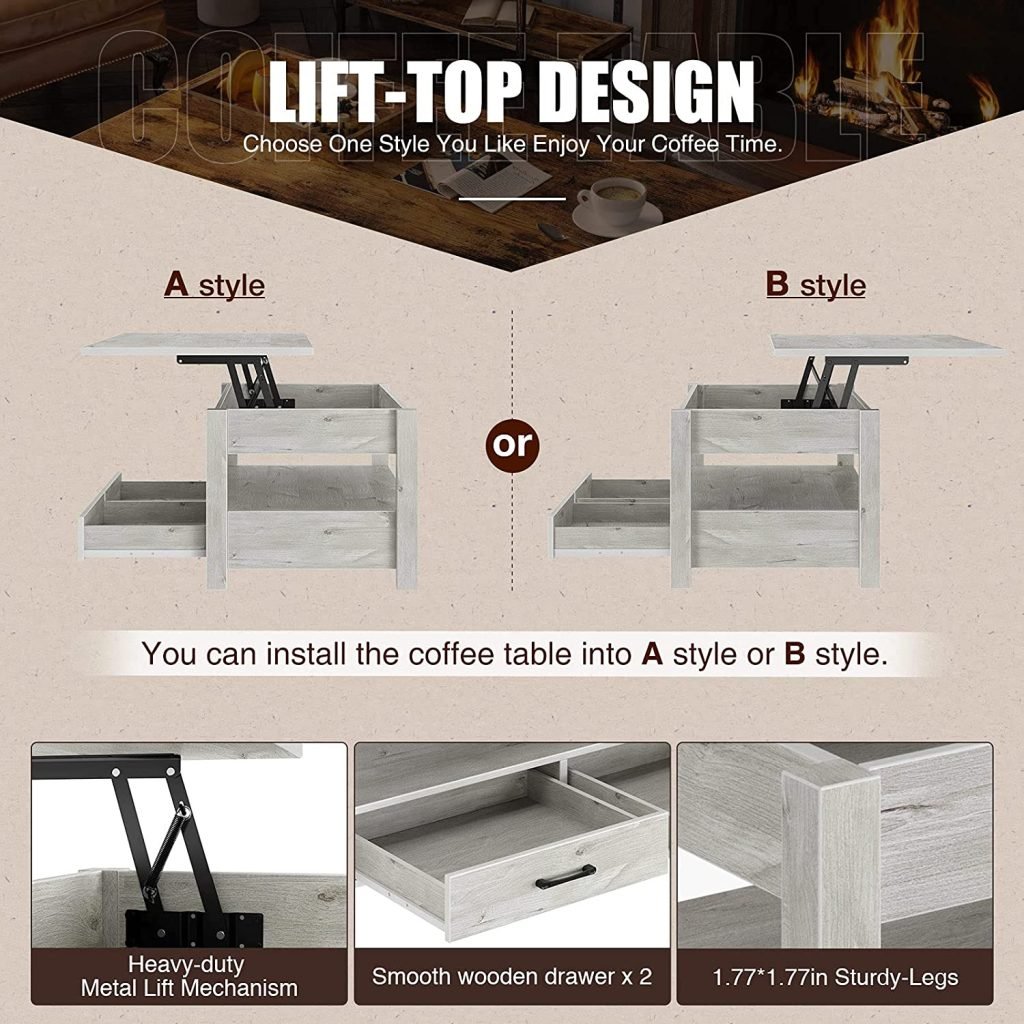 New Lift Top Coffee Table with Storage – Gray or White Modern Wood Table for Living Room - with Gray | Sold by Uncle Wiener's Wholesale