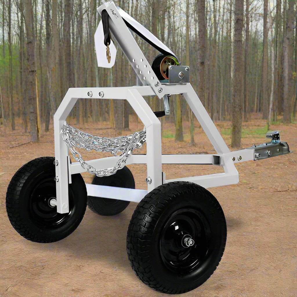 Log Skidding Arch ATV Trailer Dolly – 1000 lb capacity with manual winch, white frame and black tires for forestry and trail hauling