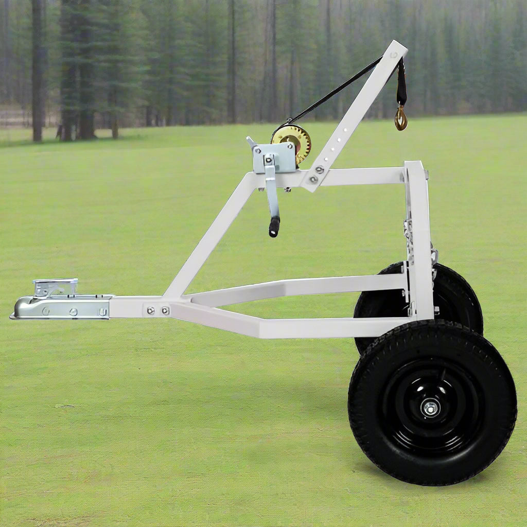 Log Skidding Arch ATV Trailer Dolly – 1000 lb capacity with manual winch, white frame and black tires for forestry and trail hauling