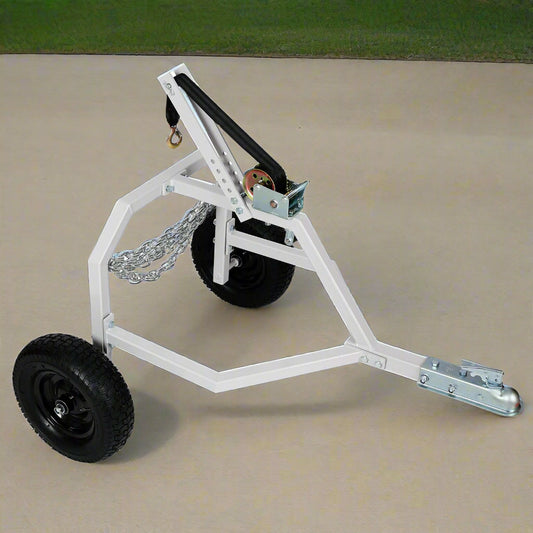 Log Skidding Arch ATV Trailer Dolly – 1000 lb capacity with manual winch, white frame and black tires for forestry and trail hauling