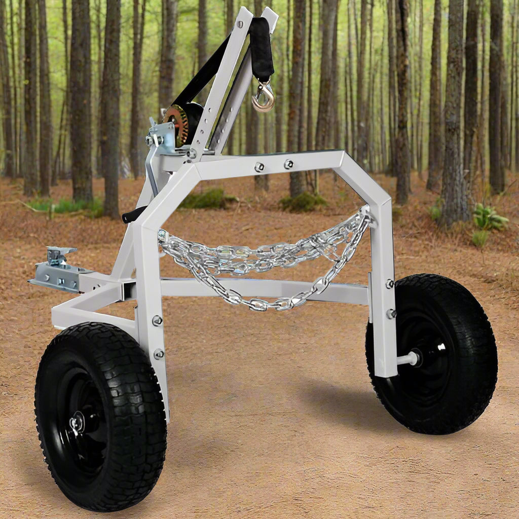 Log Skidding Arch ATV Trailer Dolly – 1000 lb capacity with manual winch, white frame and black tires for forestry and trail hauling