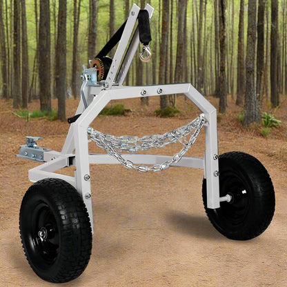 Log Skidding Arch ATV Trailer Dolly – 1000 lb capacity with manual winch, white frame and black tires for forestry and trail hauling