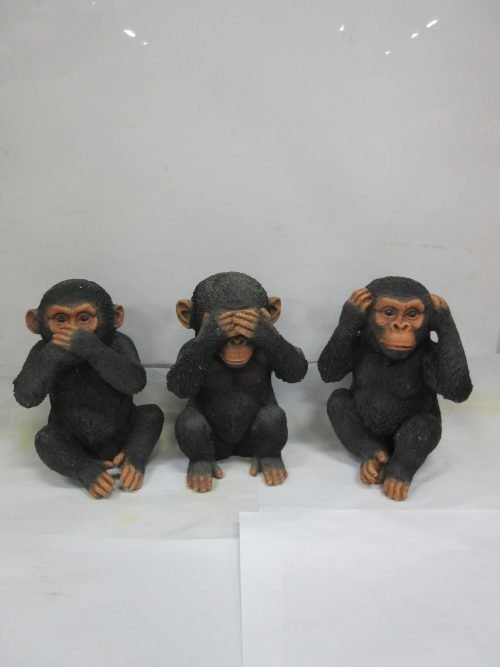 Three wise monkeys garden statues in black resin
See No Evil, Hear No Evil, Speak No Evil figurines set
Black resin symbolic monkey sculptures for garden or home