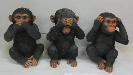 Three wise monkeys garden statues in black resin
See No Evil, Hear No Evil, Speak No Evil figurines set
Black resin symbolic monkey sculptures for garden or home