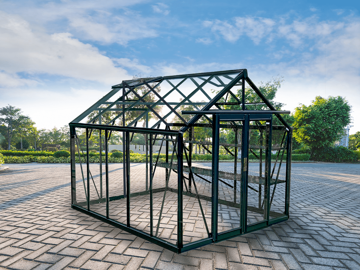 luxury tempered glass greenhouse in garden setting
aluminum-framed greenhouse with gabled roof
inside view of premium glass greenhouse
eco-friendly garden greenhouse with powder-coated frame
full-sunlight greenhouse for plants and vegetables