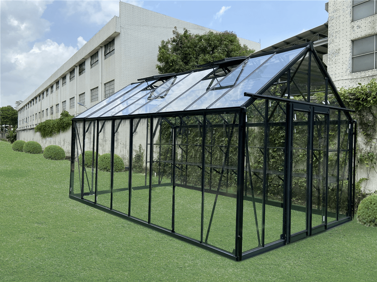 luxury tempered glass greenhouse in garden setting
aluminum-framed greenhouse with gabled roof
inside view of premium glass greenhouse
eco-friendly garden greenhouse with powder-coated frame
full-sunlight greenhouse for plants and vegetables