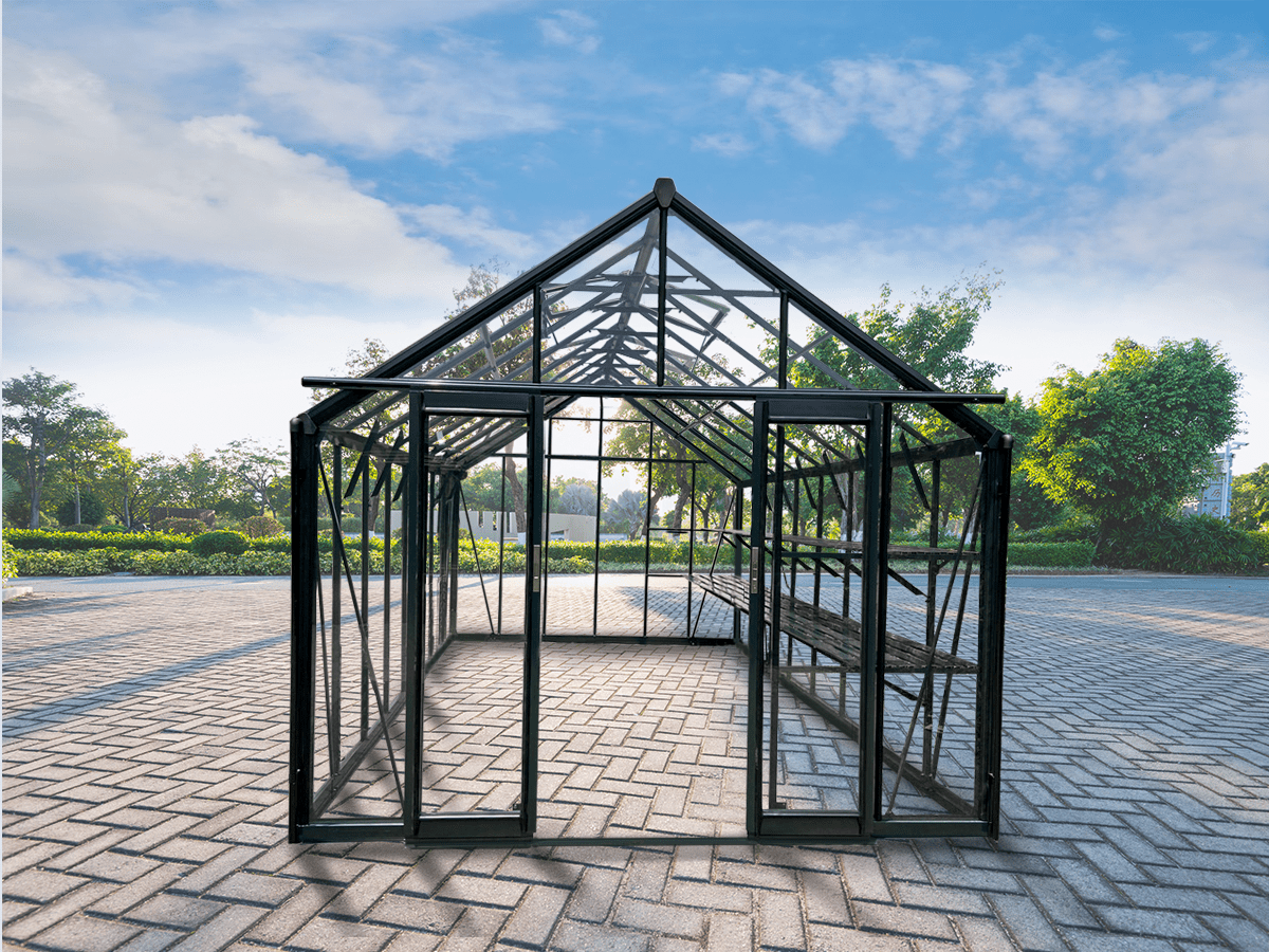 luxury tempered glass greenhouse in garden setting
aluminum-framed greenhouse with gabled roof
inside view of premium glass greenhouse
eco-friendly garden greenhouse with powder-coated frame
full-sunlight greenhouse for plants and vegetables