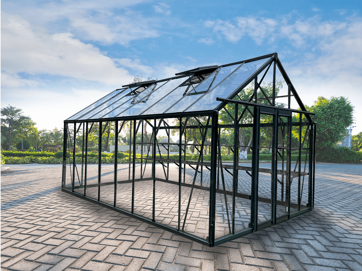 luxury tempered glass greenhouse in garden setting
aluminum-framed greenhouse with gabled roof
inside view of premium glass greenhouse
eco-friendly garden greenhouse with powder-coated frame
full-sunlight greenhouse for plants and vegetables