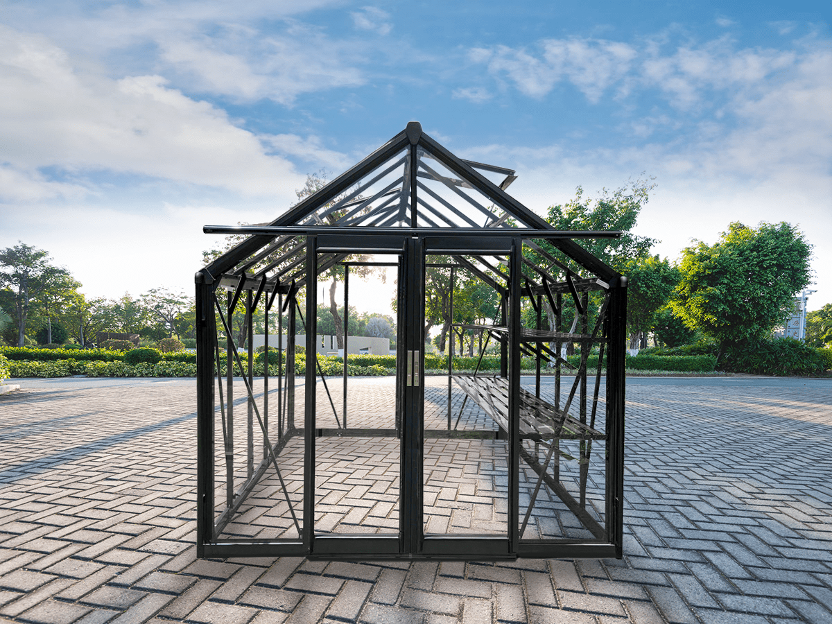 luxury tempered glass greenhouse in garden setting
aluminum-framed greenhouse with gabled roof
inside view of premium glass greenhouse
eco-friendly garden greenhouse with powder-coated frame
full-sunlight greenhouse for plants and vegetables