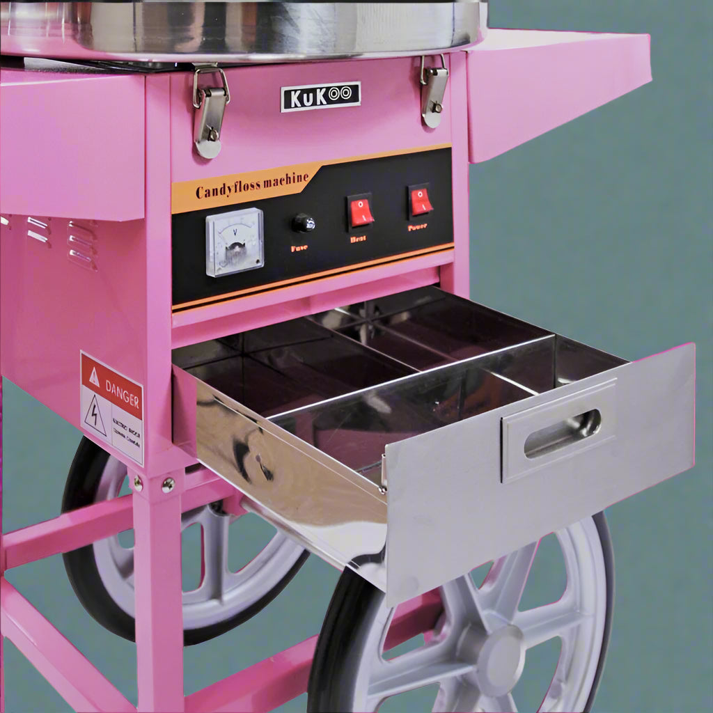 Pink Candy Floss Machine with Dome Cover – Front View

Commercial Cotton Candy Machine – Close-Up of Controls

Candy Floss Cart with Wheels – Party Setup

Dome Cover Cotton Candy Maker – Rear View

Pink Cotton Candy Machine in Use – Carnival Event