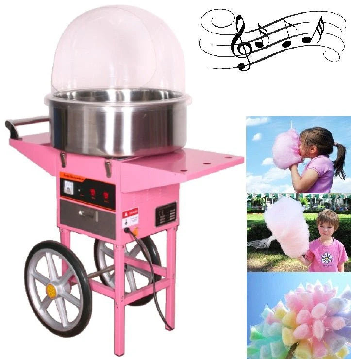 Pink Candy Floss Machine with Dome Cover – Front View

Commercial Cotton Candy Machine – Close-Up of Controls

Candy Floss Cart with Wheels – Party Setup

Dome Cover Cotton Candy Maker – Rear View

Pink Cotton Candy Machine in Use – Carnival Event
