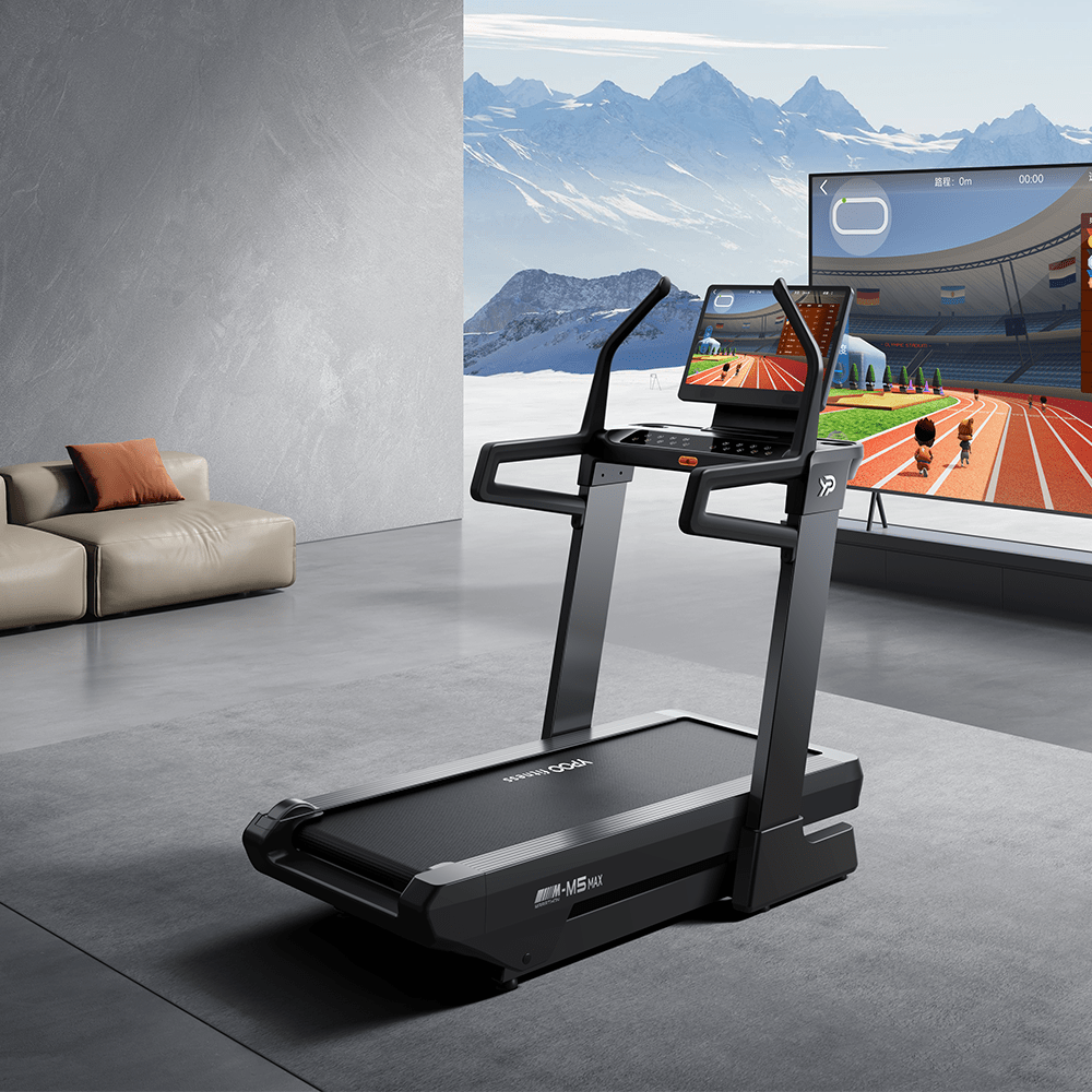 MS MAX folding treadmill side view with 21.5" display

Treadmill showing incline range and TFT screen

Foldable treadmill in compact storage position

High-speed treadmill with digital controls

Wide deck treadmill for joint support